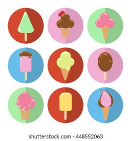 Colorful flat ice cream circle icons set. Vector illustration