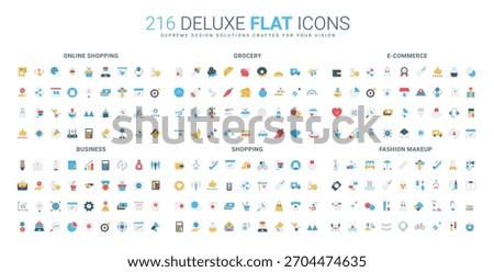 Colorful flat icon collection covers online shopping, grocery, e-commerce, business, retail, and fashion makeup themes, suitable for digital commerce and retail concepts isolated vector illustration
