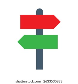 Colorful flat icon of a direction signpost with red and green arrows pointing in opposite directions. Symbolizes navigation, decision making, choices, or travel direction concepts.