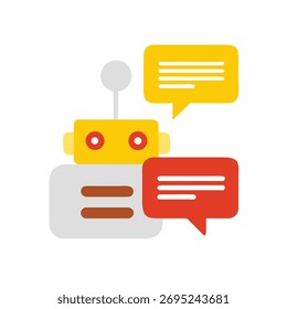 Um ícone plano colorido de um chatbot amigável com duas bolhas de fala transmitindo mensagens. Isolado em um fundo branco.