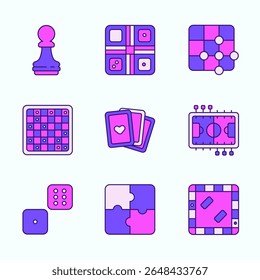 A colorful flat icon illustration featuring classic board games such as chess, sudoku, puzzle, dice, cards, football table, and logic grids. Retro inspired colors with playful shapes perfect for apps