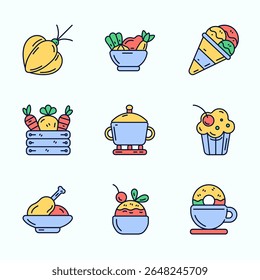A colorful flat icon illustration of healthy food, dessert, and home-cooked meals including vegetables, soup, salad, ice cream, cupcake, chicken, and fruit bowl. Perfect for recipe apps, meal planners