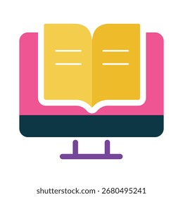 A colorful flat icon of an open book on a computer monitor. This modern symbol represents e-learning, digital libraries, online courses, and distance education.
