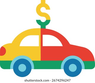 Un icono colorido y plano que representa un automóvil rematado con un signo de dólar, que transmite conceptos de financiamiento de automóviles, costos automotrices y transacciones financieras relacionadas con los vehículos.