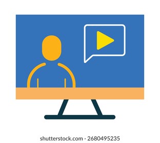 Um ícone plano colorido que representa um webinar, tutorial on-line ou videoconferência. Este símbolo de um usuário em uma tela de computador é perfeito para e-learning e trabalho remoto.
