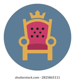 Colorful flat icon of a royal golden throne with red cushion and crown. Symbol of power, monarchy, and royalty on blue background.