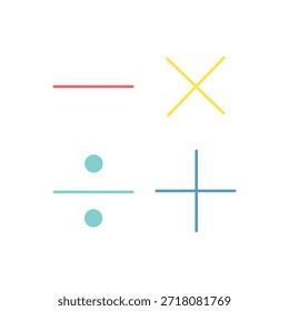 Colorido conjunto de iconos planos con símbolos matemáticos como más, menos, multiplicar y dividir. Ilustraciones vectoriales modernas ideales para App de la educación, Sitios web escolares y juegos de matemáticas.