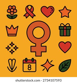 Colorful flat icon set featuring a female gender symbol surrounded by hearts, flowers, stars, crown, gift, and nature elements. Perfect for women empowerment, lifestyle, branding, and UI design.