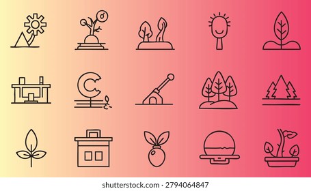 Colorful flat icon set featuring environmental and naturethemed illustrations for ecofriendly projects