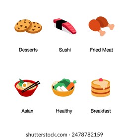 Un colorido conjunto de iconos planos que representa varios alimentos: galletas (postres), sushi, carne frita, ramen (asiático), ensalada (saludable) y panqueques (desayuno). Cada icono tiene una etiqueta descriptiva