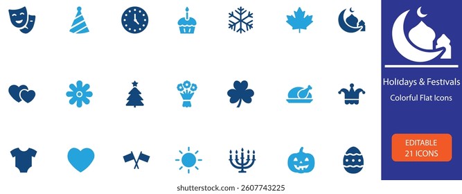 A colorful flat icon set representing global holidays and festivals. Includes icons for Christmas, Easter, Halloween, Ramadan, Hanukkah, Valentine’s Day, and more. Perfect for celebrations.