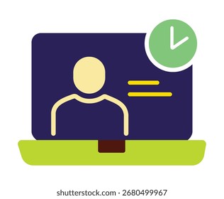 Un colorido icono plano de un perfil de usuario en una computadora portátil con un reloj. Este símbolo moderno representa reuniones en línea, trabajo remoto, gestión del tiempo y colaboración virtual.
