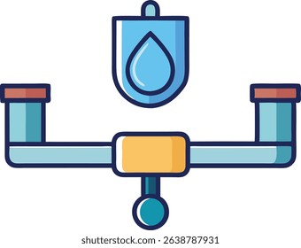 Colorful flat icon of water pipeline system with blue droplet, plumbing valve, and connecting pipes, perfect for repair services, utility infographics, or industrial maintenance illustrations.
