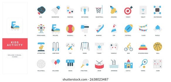 Colorful flat icons collection showing various kids activities including sports, games, art, and learning perfect for education, websites, or playful design projects vector illustration