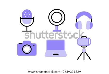Colorful Flat Icons of Content Creator Equipment. Minimalist Line Icons of Podcast and Vlogging Tools. Creative Tools Vector Set: Microphone, Camera, Laptop, Tripod.