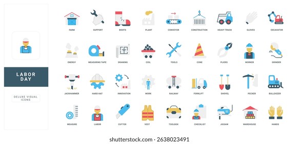 Colorful flat icons representing Labor Day, construction, tools, safety, and industrial work perfect for holiday, business, or educational design projects vector illustration