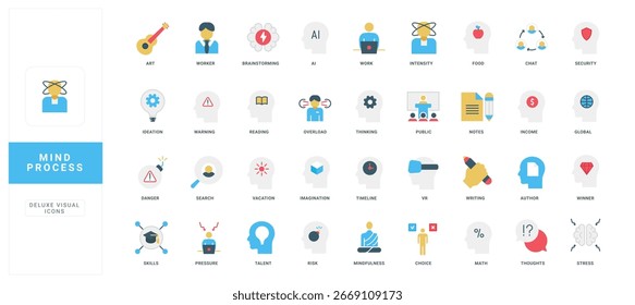 Colorful flat icons representing mind process, creativity, thinking, and productivity for business, education, and innovation projects isolated on white background vector illustration