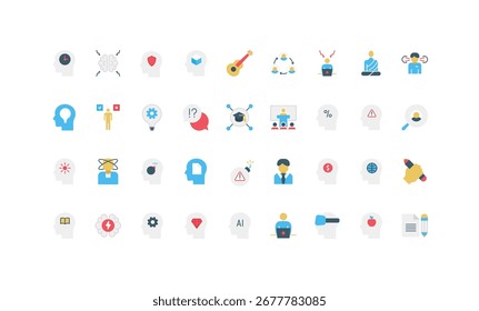 Iconos planos coloridos que representan el proceso mental, el pensamiento, el aprendizaje, la creatividad y la salud mental, la educación, la psicología y los conceptos empresariales aislados en la Ilustración vectorial de fondo blanco