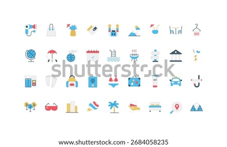 Colorful flat icons representing summer vacation, travel essentials, beach activities, relaxation, tourism, and holiday planning, perfect for seasonal design concepts isolated vector illustration