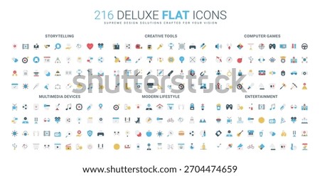 Colorful flat icons set covers storytelling, creative tools, computer games, multimedia devices, modern lifestyle, and entertainment concepts isolated vector illustration