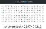 Colorful flat icons set features fashion accessories, clothing, beauty products, makeup tools, size charts, and fabric features for style, shopping, and textile design isolated vector illustration