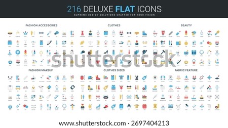 Colorful flat icons set features fashion accessories, clothing, beauty products, makeup tools, size charts, and fabric features for style, shopping, and textile design isolated vector illustration