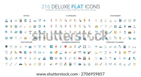 Colorful flat icons set features office supplies, stationery, clipboard, text editing, business essentials, and everyday planner tools for productivity and organization isolated vector illustration