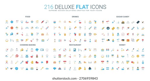 Ícones planos coloridos com comida, bebidas, açúcar doce, cozinhar, assar, restaurante e temas de mel, ideal para conceitos culinários e gastronômicos ilustração vetorial isolada