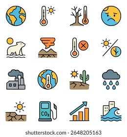 Colorful flat icons set illustrating global warming, extreme weather, drought, pollution, and climate crisis symbols