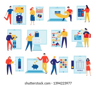 Colorful flat icons set with people paying bills and checking accounts through online banking isolated vector illustration