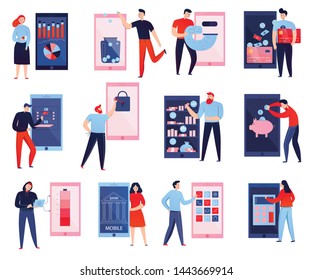 Colorful flat icons set with people using mobile bank isolated on white background vector illustration