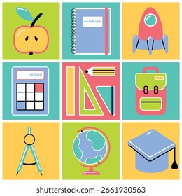 Colorful flat icons set for school and education. Includes backpack, notebook, apple, globe, rocket, pencil, ruler, calculator, compass and graduation cap. Bright minimal vector illustration.