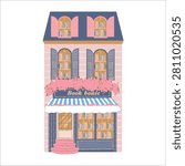 Colorful flat illustration of a bookstore building, front view. Vector image of a bookshop storefront, isolated on a white background. Clipart of a book kiosk, book spines