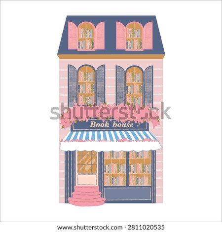 Colorful flat illustration of a bookstore building, front view. Vector image of a bookshop storefront, isolated on a white background. Clipart of a book kiosk, book spines