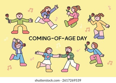 Colorful flat illustration of cheerful young adults holding roses to celebrate Coming of Age Day. Cute and lively character design.