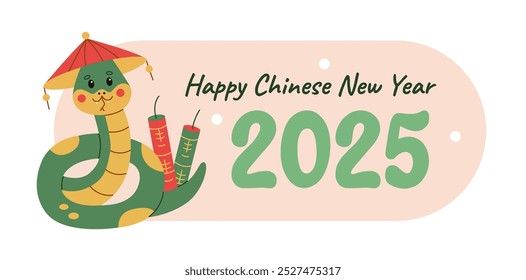 Colorful flat illustration of a cute snake with firecrackers and a traditional Chinese hat, celebrating Chinese New Year 2025. Perfect for holiday banners, greetings, and festive designs.