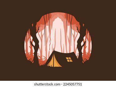 Colorful flat illustration design of camping in the jungle