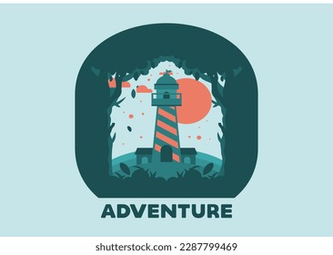 Colorful flat illustration design of lighthouse in the forest