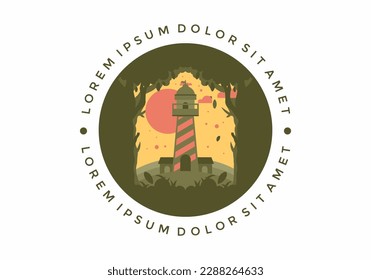 Colorful flat illustration design of lighthouse in the forest