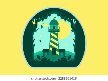 Colorful flat illustration design of lighthouse in the forest