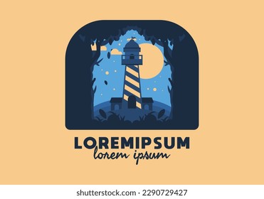 Farbige flache Illustration, Design des Leuchtturms im Wald