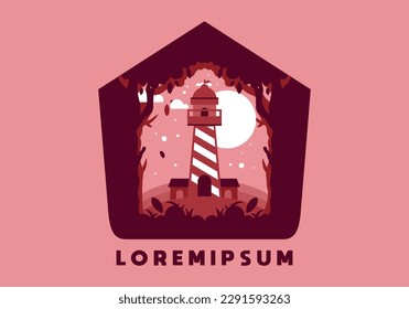 Colorful flat illustration design of lighthouse in the forest
