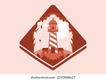 Colorful flat illustration design of lighthouse in the forest