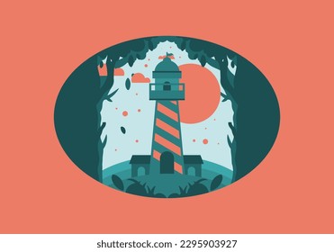 Colorful flat illustration design of lighthouse in the forest