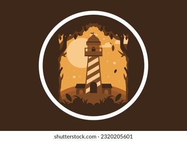 Colorful flat illustration design of lighthouse in the forest