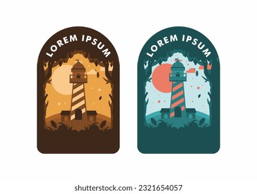 Colorful flat illustration design of lighthouse in the forest