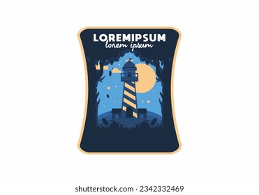 Farbige flache Illustration, Design des Leuchtturms im Wald