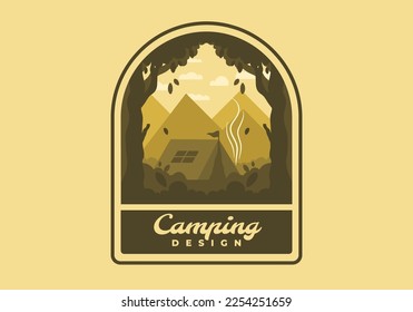 Colorful flat illustration design of outdoor camping tent in the forest with mountain view