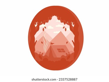 Colorful flat illustration design of outdoor camping tent in the forest with mountain view