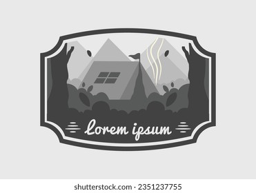 Colorful flat illustration design of outdoor camping tent in the forest with mountain view